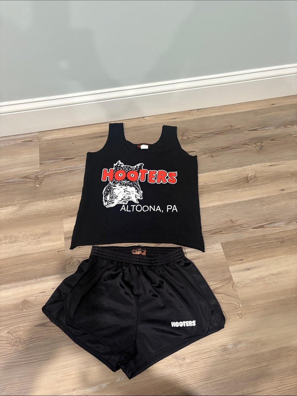 Hooters Black Tank Top and Matching Black Shorts with Red Logo